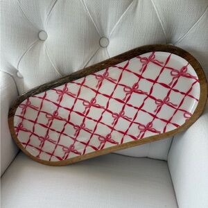 Shabby Chic White Oval Serving Tray with Pink Bow Lattice and Wood Rim